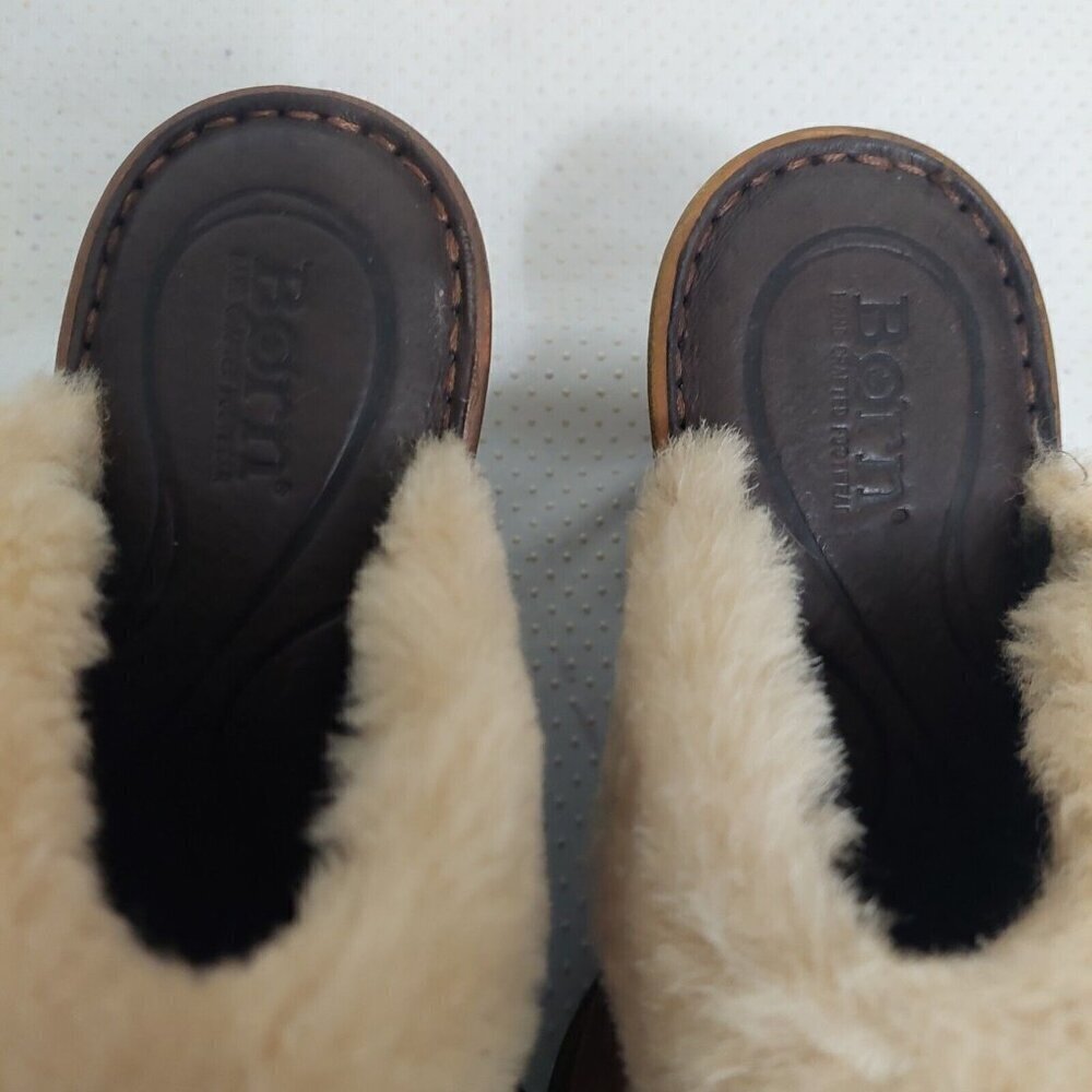 Born Y2K 90’s Brown Leather Shearling‎ Trim Mules Heels Chunky Platform Size 7M - Picture 10 of 10